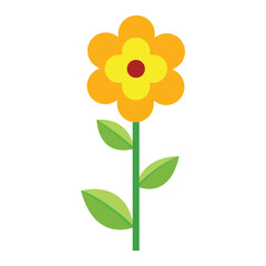 Yellow and Orange Flower with Green Stem and Leaves - Vector Illustration