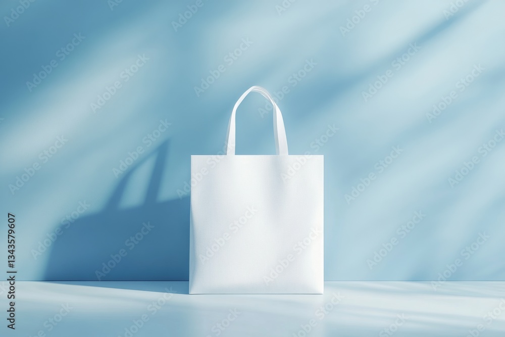 Aufkleber minimalist white mock up bag against a soft blue background with gentle shadows creating a serene at
