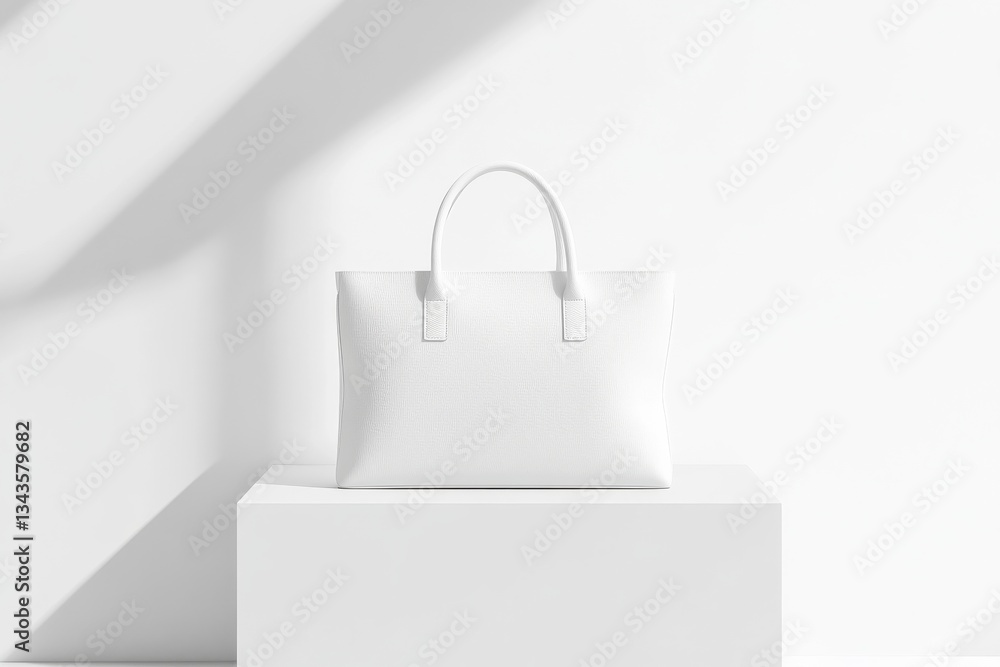 Poster white mock up of a stylish bag displayed on a pedestal under soft light in a minimalist setting