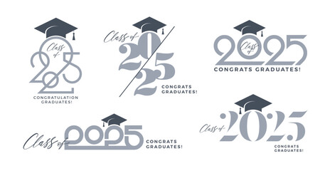 Set of logo for congrats graduates class of 2025. Logo with academic hat or toga hat, numbers and congrats for high school, college or university graduation. Vector illustration.