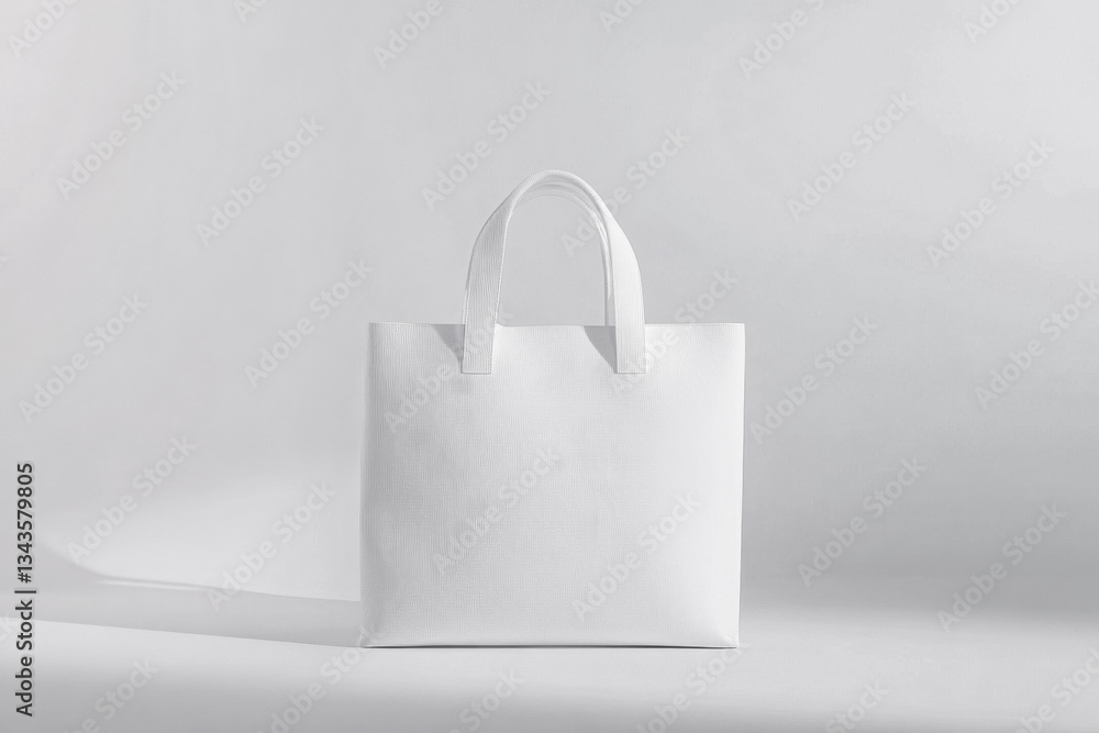 Poster minimalist white tote bag displayed against a soft gray background in a studio setting