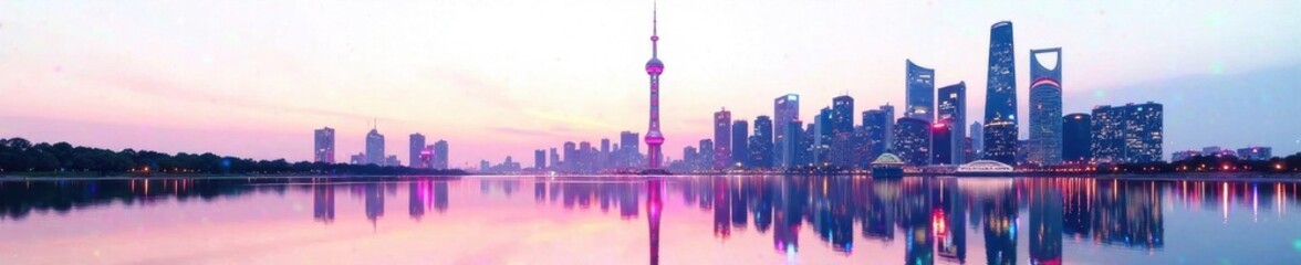 futuristic cityscape at dusk with sleek skyscrapers and neon lights reflected on the pristine white background , neon, space