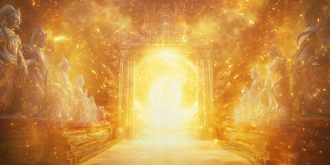 A mystical 3D background of a glowing celestial gateway guarded by statues of cosmic beings. The portal pulses with energy, revealing a glimpse of an otherworldly paradise bathed in golden light.