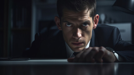 A focused businessman on a dark background