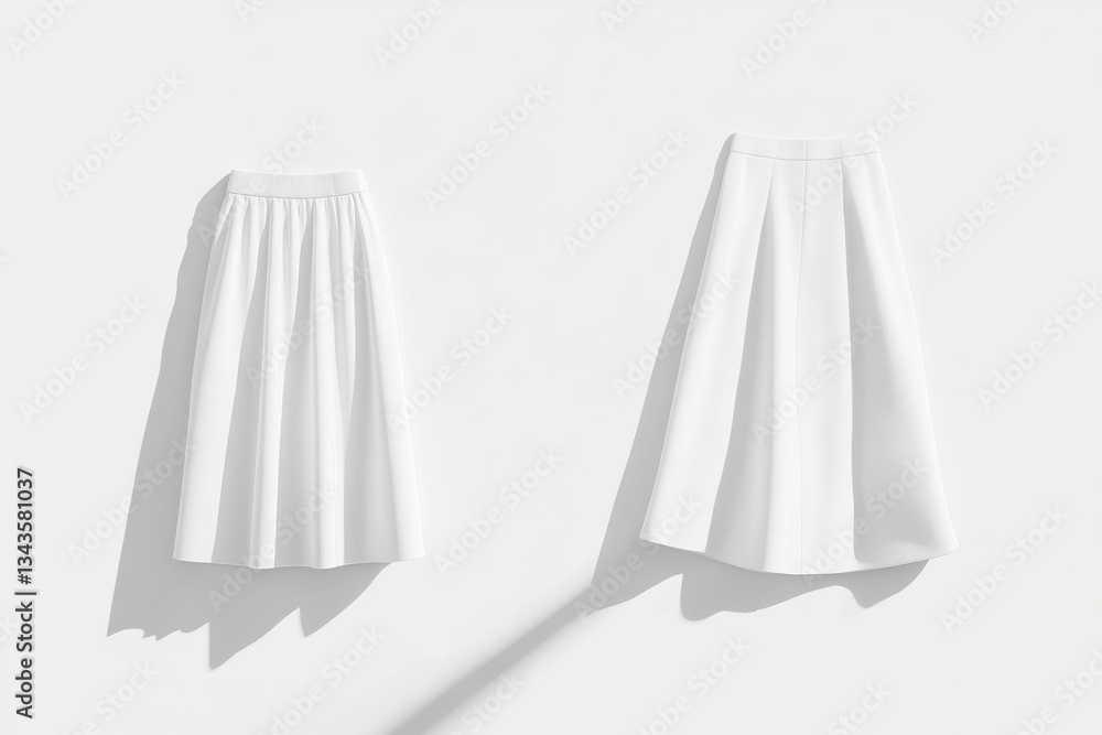 Poster visual display of two mockup white a-line skirts arranged on a white surface showcasing design and f