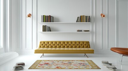 A retro minimalist living room design consisting of pristine white walls