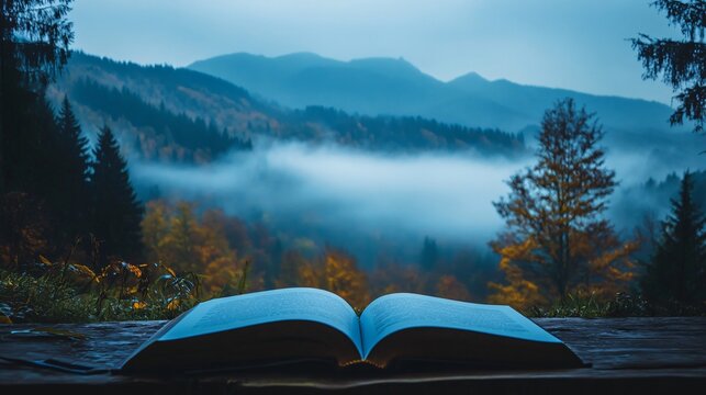 Enchanting Carpathian Misty Mountains on Book Pages - Powered by Adobe