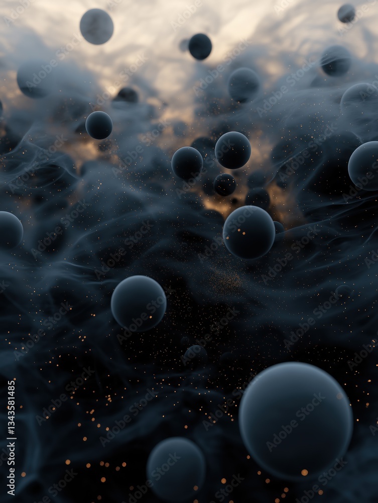 Poster abstract digital art piece that appears to be a representation of a group of spheres floating in spa