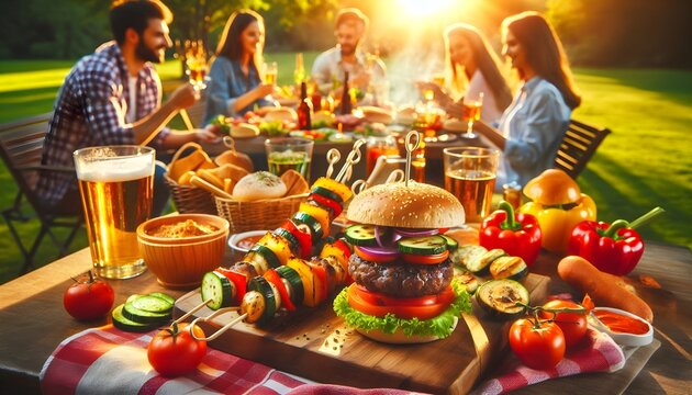 Outdoor picnic with a variety of BBQ dishes, fresh veggies, and sunny vibes - Powered by Adobe