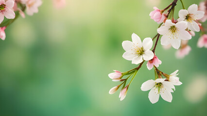 Delicate cherry blossoms blooming on a spring day with blurred green background