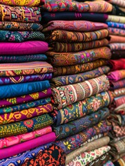 Stacks of Vibrant Fabrics Highlighting Craftsmanship and Cultural Heritage