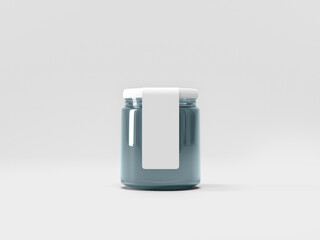 Glossy Dark Glass Jar with White Lid and Blank Label on Light Gray Background