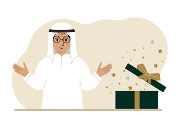 A arabic man next to an open gift. The concept of a holiday, surprise, promotion, discount.