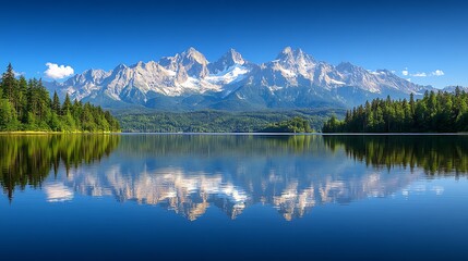 Fototapeta premium Serene mountain lake reflecting majestic peaks under a clear blue sky.