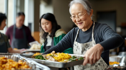 Community service. Senior people are helping and cooking food and soup in a kitchens for a donation center.