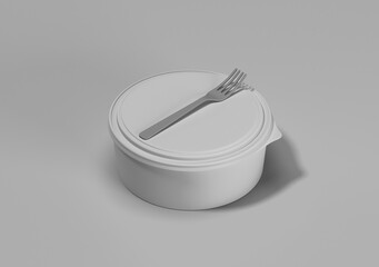 White Disposable Food Container with Lid and Fork on Gray Background