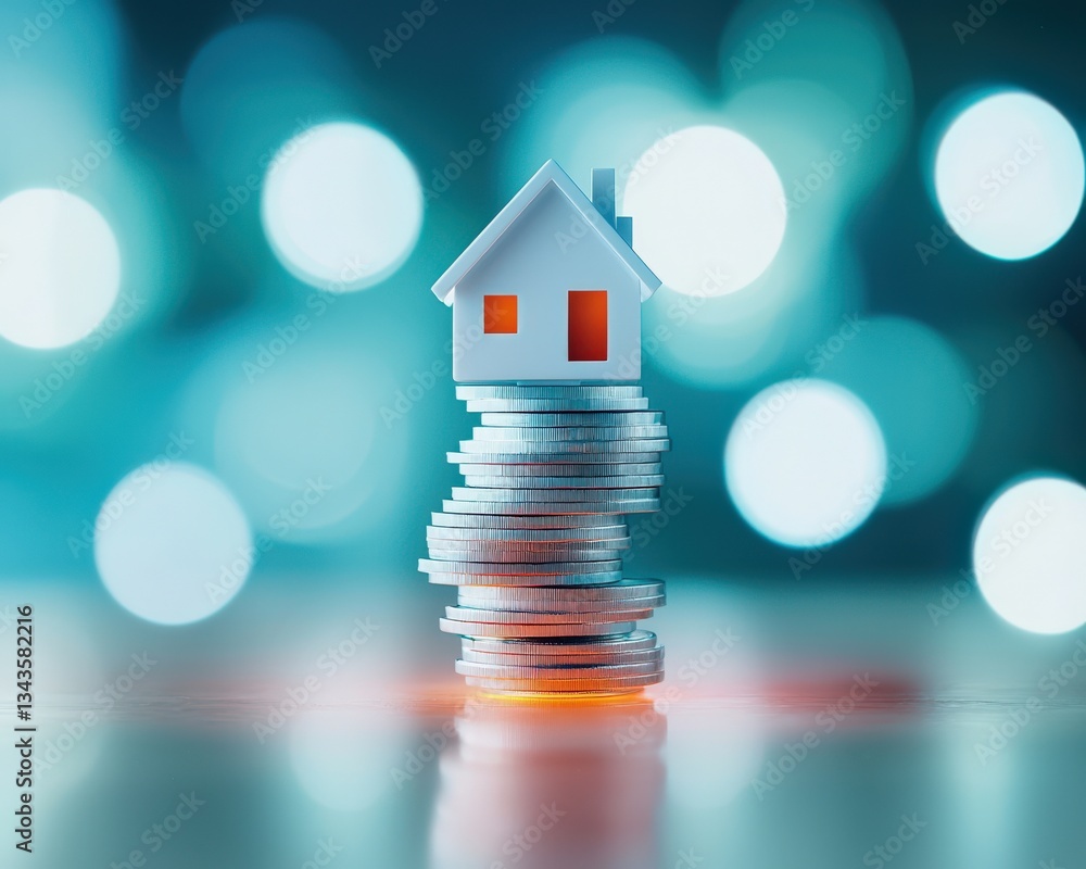 Aufkleber a surreal image of a house balancing on a glowing coin stack.