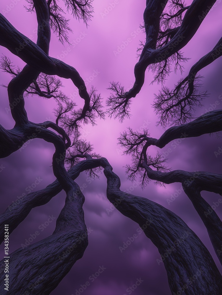Poster digital art piece that appears to be a photograph of a group of trees with twisted and gnarled branc