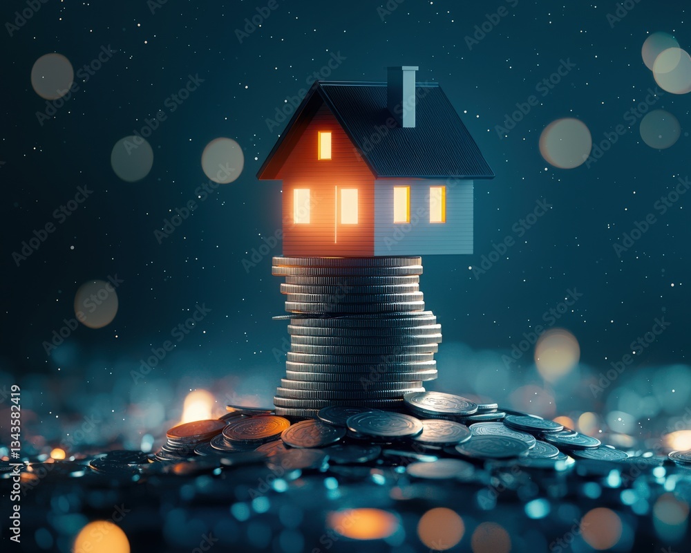 Poster a surreal image of a house balancing on a glowing coin stack.