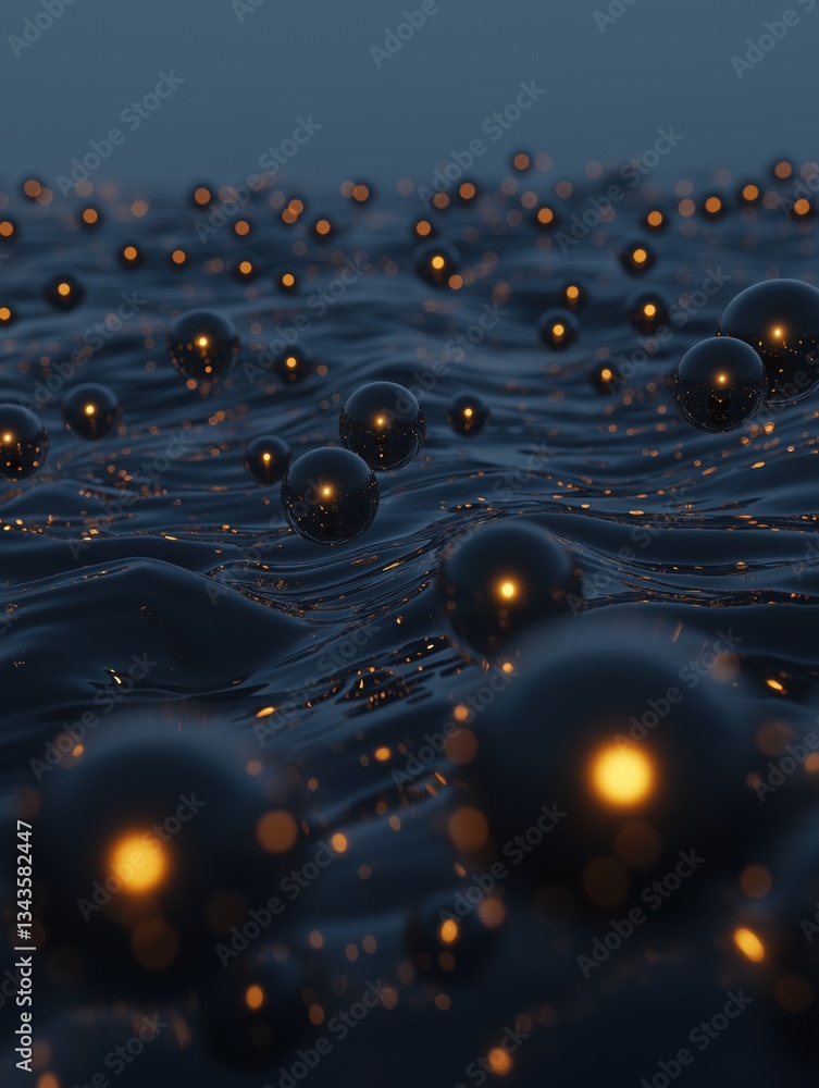 Poster abstract digital art piece that appears to be a close-up of a group of small, spherical objects floa