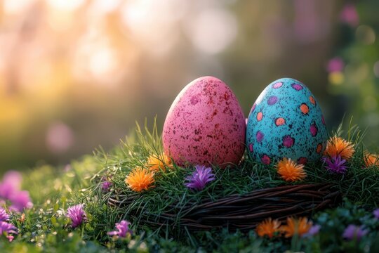 A scene depicting colorful Easter eggs hidden among green grass, with a carrot and apple visible nearby, suggesting an Easter egg hunt theme.