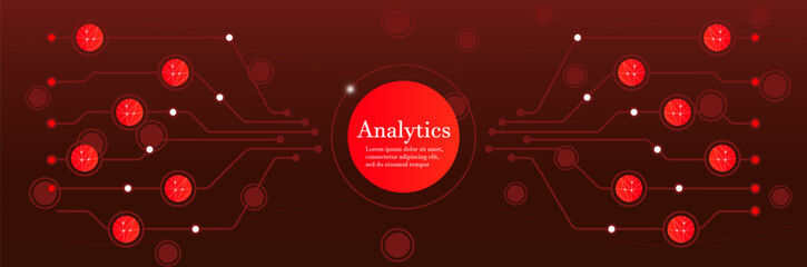 Digital analytics network. Circuit board interconnected nodes glowing elements on a dark background. Data processing, artificial intelligence, big data, machine learning, and technology innovation