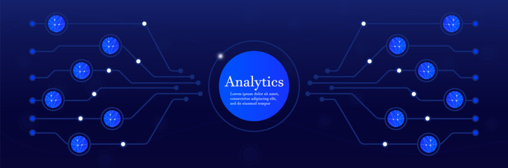 Digital analytics network. Circuit board interconnected nodes glowing elements on a dark background. Data processing, artificial intelligence, big data, machine learning, and technology innovation