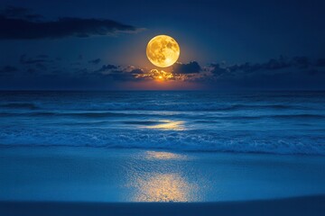 A full moon rising over the ocean, casting a serene glow on the beach below