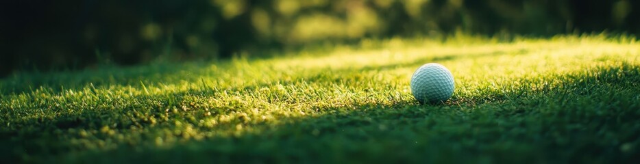 Fototapeta premium Golf ball resting on a sunlit green field.