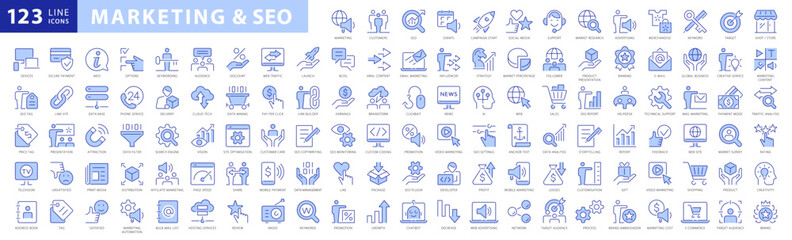 Marketing and SEO outline style icons set. Digital Marketing & Search Engine Optimization thin line icons collection. Website, search, keyworg, analysis, tag, strategy, content, rating.