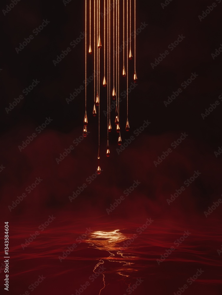 Poster digital art piece that appears to be a photograph of a group of raindrops hanging from strings.