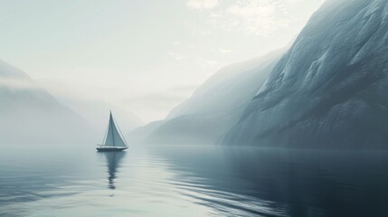 Minimalist Scene of a Yacht Above the Sea with Mountain View