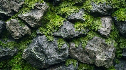 A closeup of a weathered stone wall covered with green moss