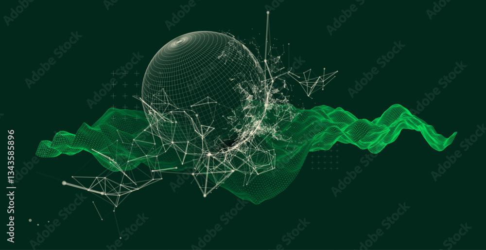 Aufkleber Science fiction background. Abstract image of wireframe wave and sphere with plexus effect.