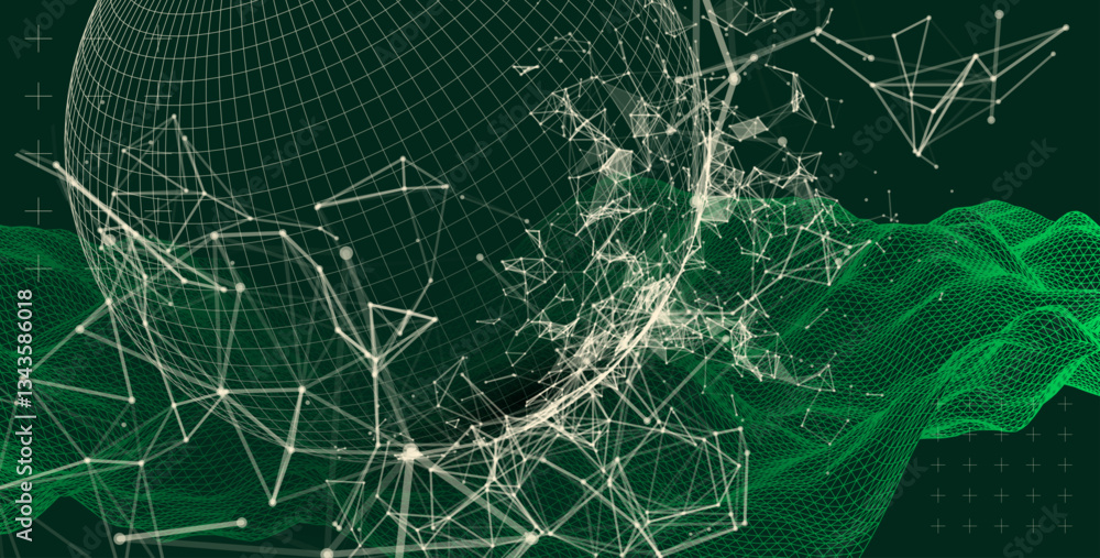Aufkleber Science fiction background. Abstract image of wireframe wave and sphere with plexus effect.