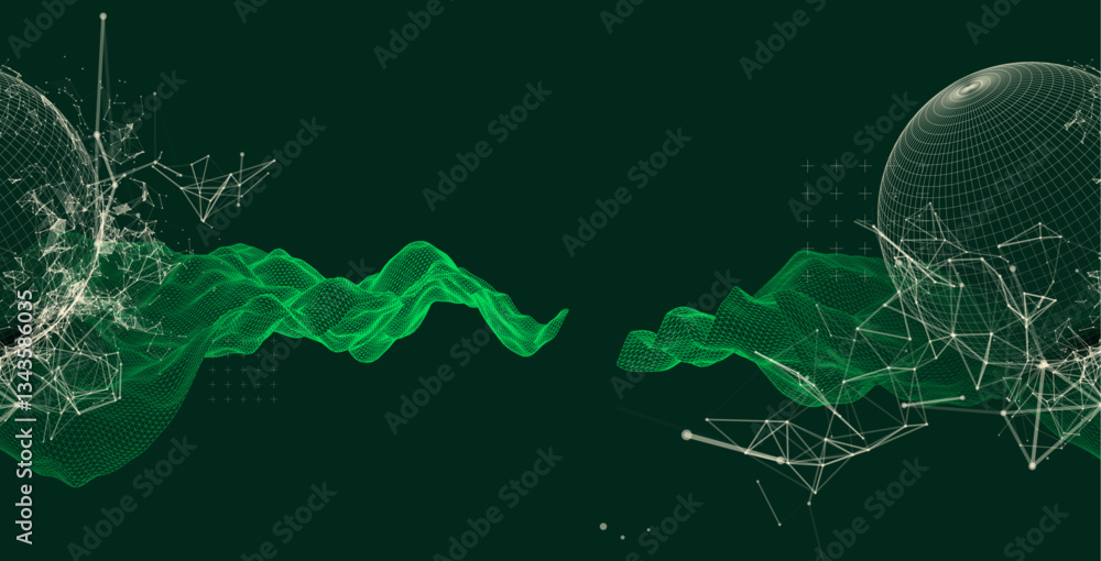 Poster Science fiction background. Abstract image of wireframe wave and sphere with plexus effect.