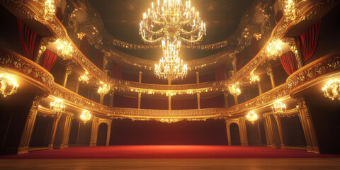 Obraz premium A cinematic 3D background of a grand opera house, its golden balconies overlooking a majestic red velvet stage. The crystal chandeliers sparkle under soft golden lighting, while the ghostly echo of