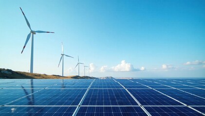 Solar panels and wind turbines generating electricity in a modern power station under clear blue skies, electrical power generation, solar panel installation
