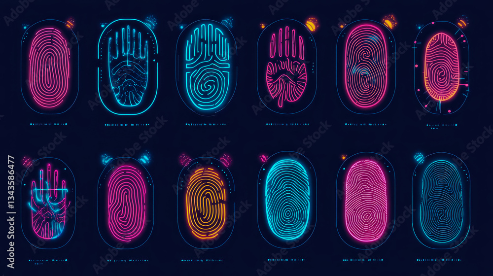 Poster neon biometric scans: fingerprint and handprint identification for high-tech security systems