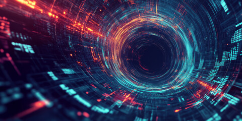Fototapeta premium A cyberpunk 3D background of a digital black hole, where swirling data streams spiral into an unknown void. Code fragments and neon symbols hover around the vortex, creating a mesmerizing yet ominous