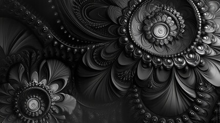 Intricate Black and White Fractal Design with Floral Elements