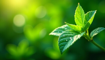 Vibrant green leafs covered in dew drops glistening in the morning light, water droplets, outdoors, dew