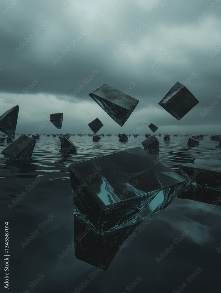 Poster group of black cubes floating on top of a body of water. the cubes are of different sizes and shapes
