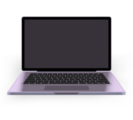 Modern laptop illustration. A sleek purple colored laptop with a black keyboard and blank screen displayed on a white background. Technology, digital device, remote work, and business concept