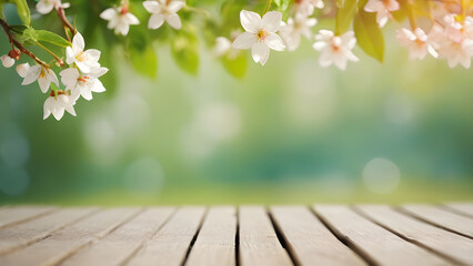 Empty wooden table with blooming tree branches hanging over it