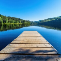 Fototapeta premium A tranquil lake with a wooden dock extending into the water.