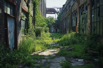 Overgrown path between old buildings with broken windows