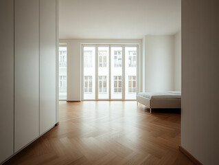 Obraz premium Elegant modern apartment interior with floor-to-ceiling windows and warm wooden flooring. A serene, spacious, and minimalist living space with soft natural light.