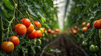 Ripe red tomatoes growing on vines within a large greenhouse