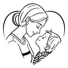 Heart-Shaped Mother and Baby Silhouette | Love Mom Vector. Mothers Day Vector Line Art.